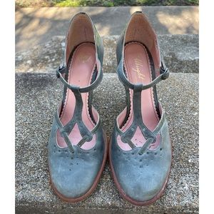 Anthropologie Ms. Albright blue t-strap heels. Nubuck and patent leather